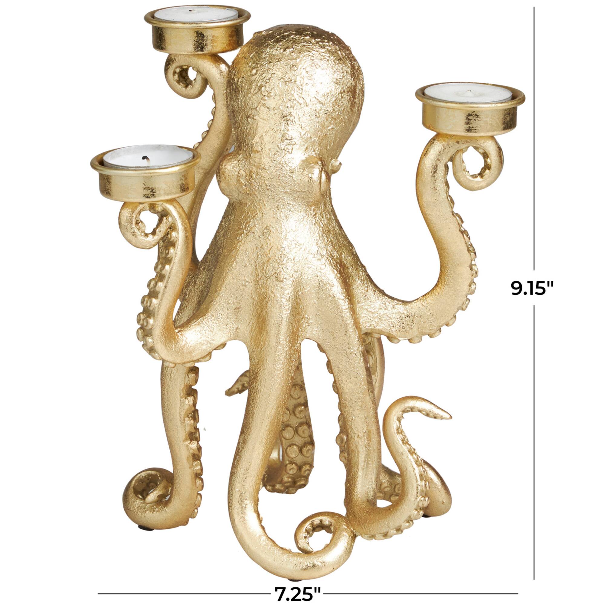 9" Gold Polystone Textured Octopus Candelabra with Tentacle Candle Slots